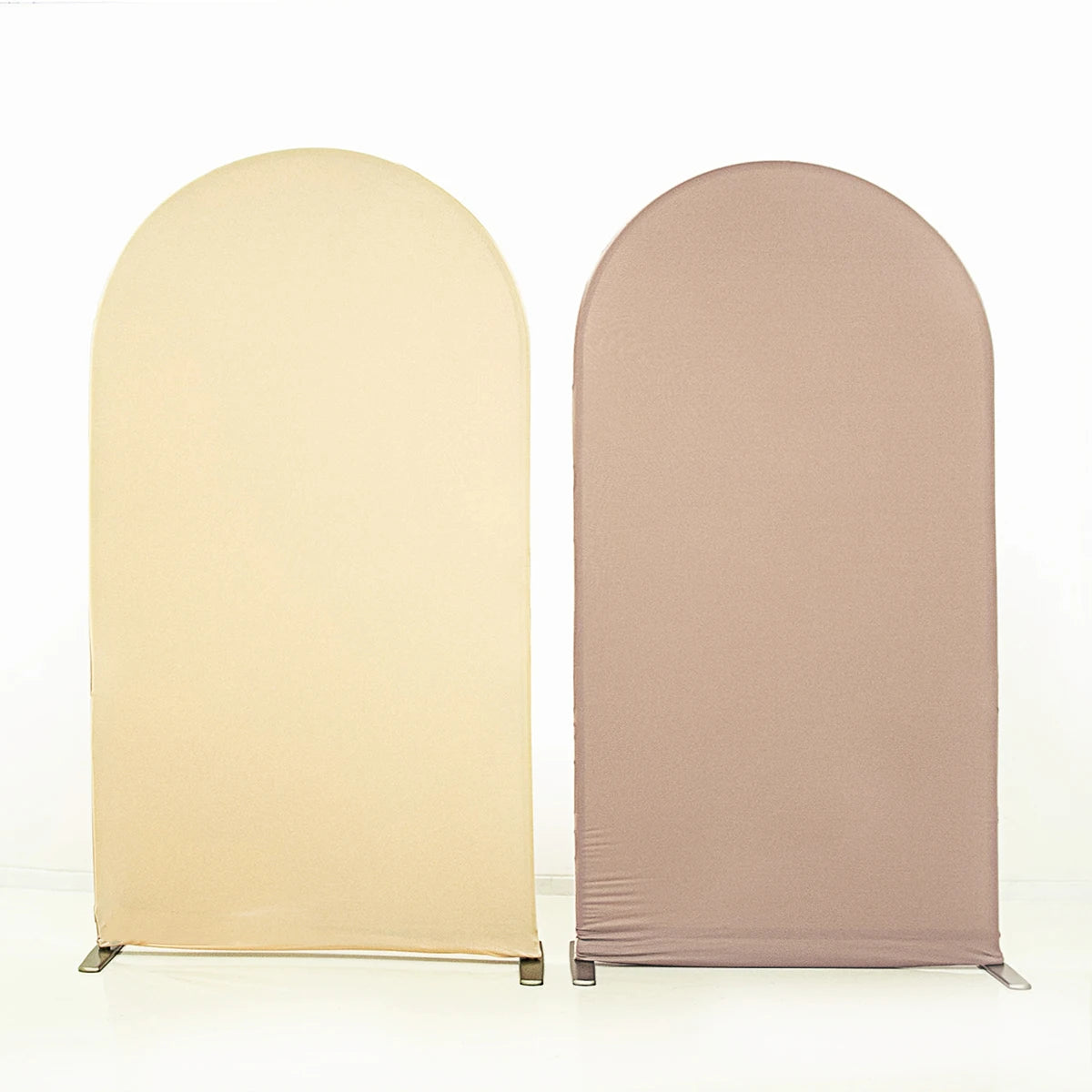 Two seamless stretchable arch backdrop covers in beige and taupe.