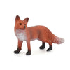 A realistic orange fox figurine with white chest and face, standing on a white background.