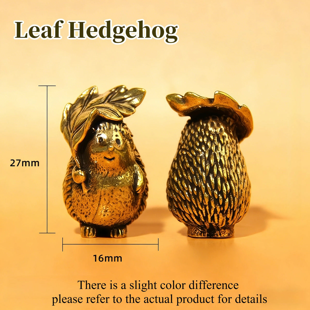 A small brass leaf hedgehog statue with textured body and leaves shown against a light background.