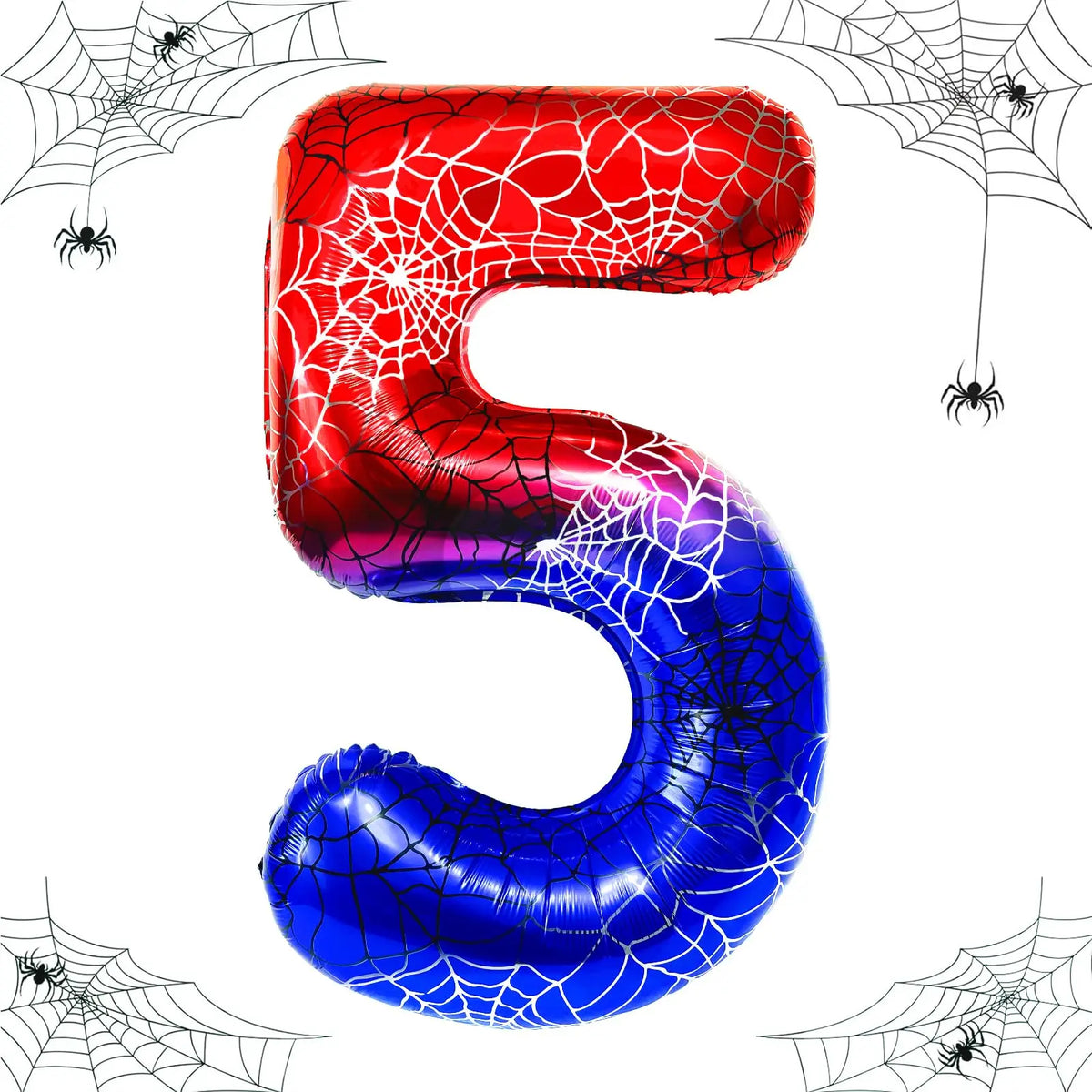 A red and blue foil balloon shaped like the number 5 with a spiderweb design.
