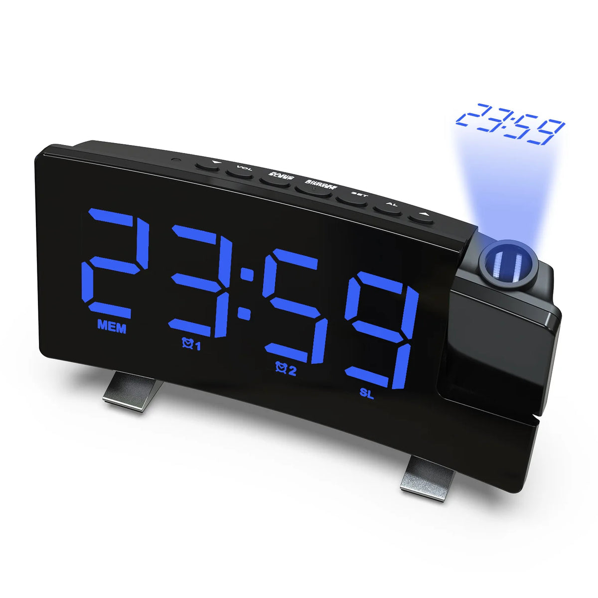 A black projection alarm clock with a blue LED display showing 23:59 and various function buttons.