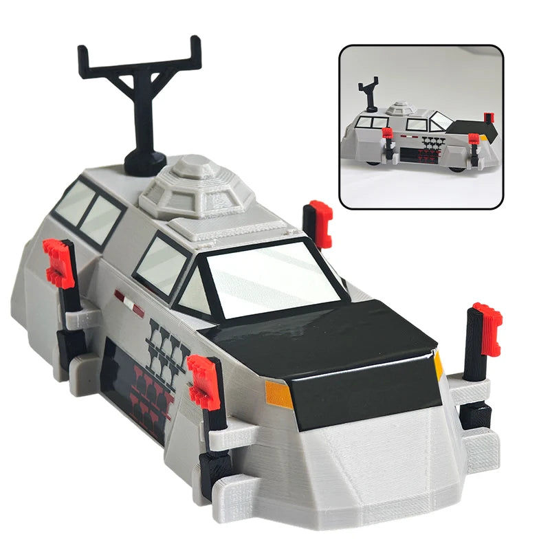 A gray and black 3D printed display model of a Tornado intercept vehicle with a raised antenna.