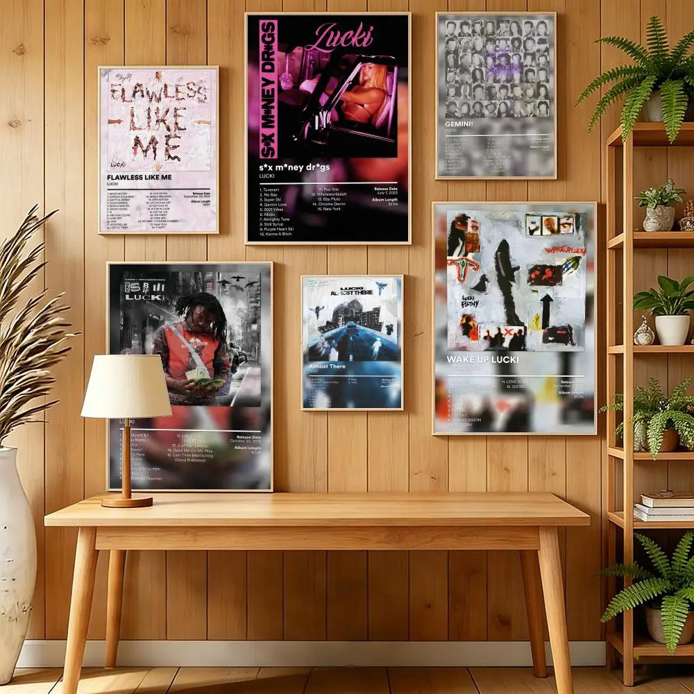 A display of wall decals featuring album art and text related to the rapper Lucki