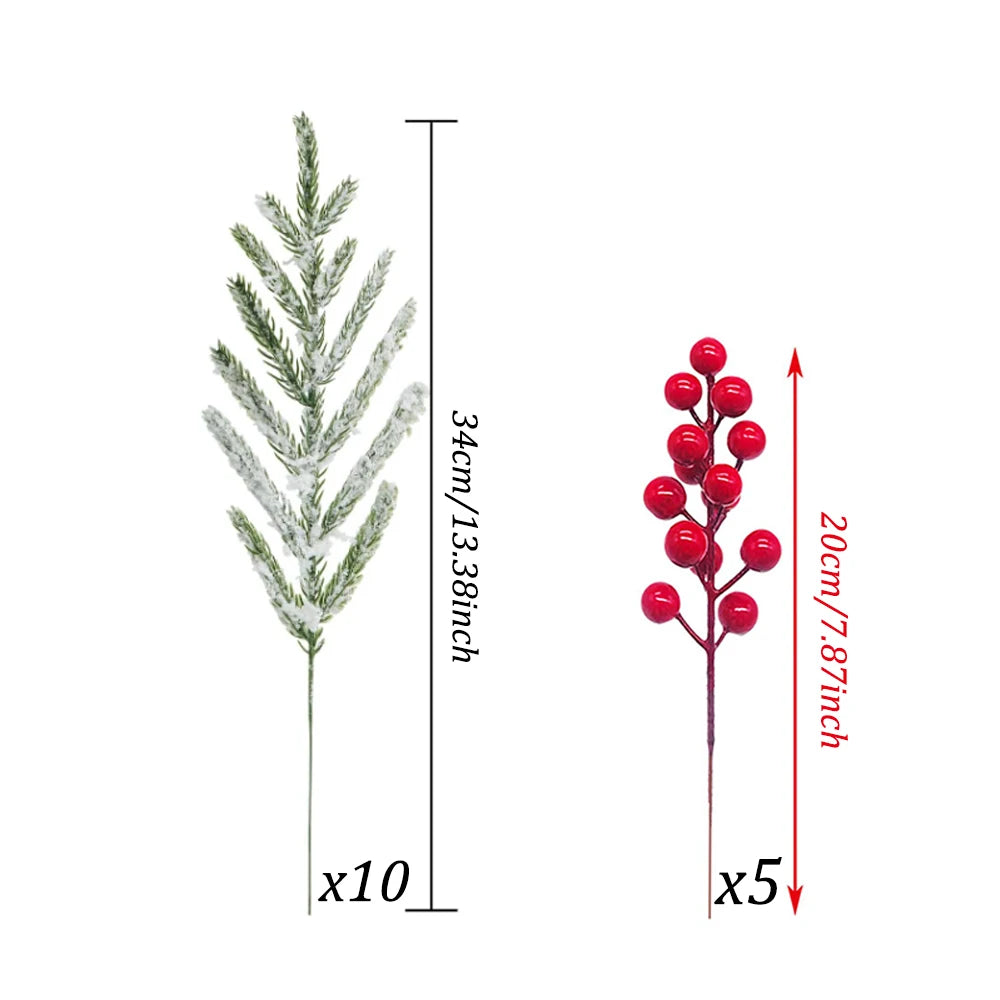 Artificial Norfolk pine branches with red berry stems used for holiday decoration
