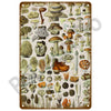 Vintage metal tin sign featuring botanical illustrations of various mushrooms and plants.