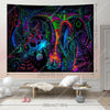 A dark tapestry featuring vibrant psychedelic geometric patterns in neon green, purple, and blue hues.