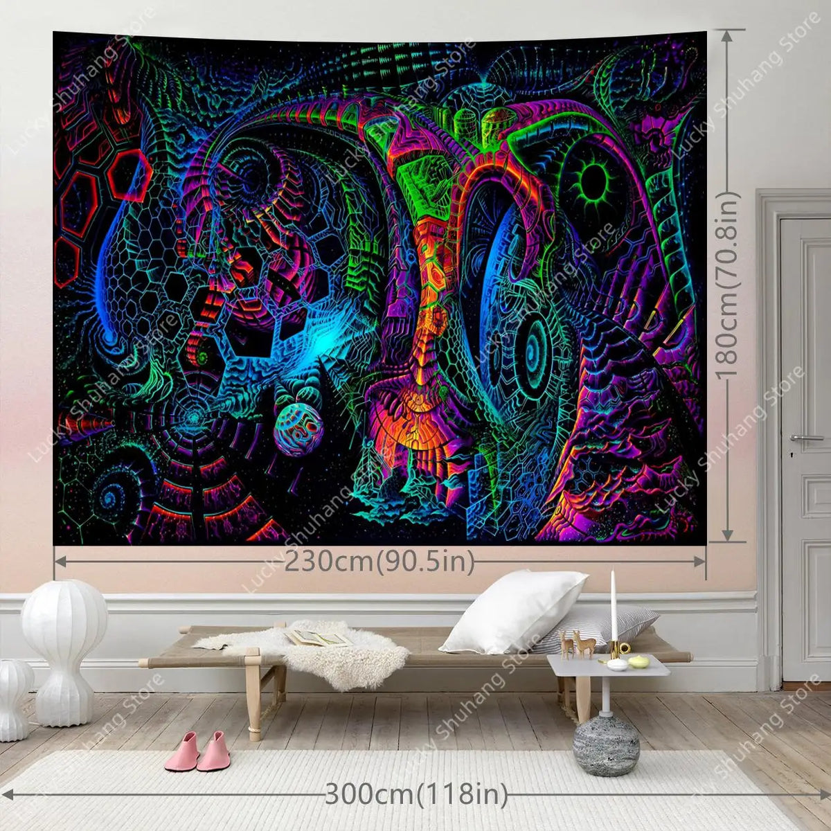 A dark tapestry featuring vibrant psychedelic geometric patterns in neon green, purple, and blue hues.