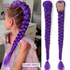 A close-up of a woman with purple braided hair, showing the length and texture of the hairpiece.