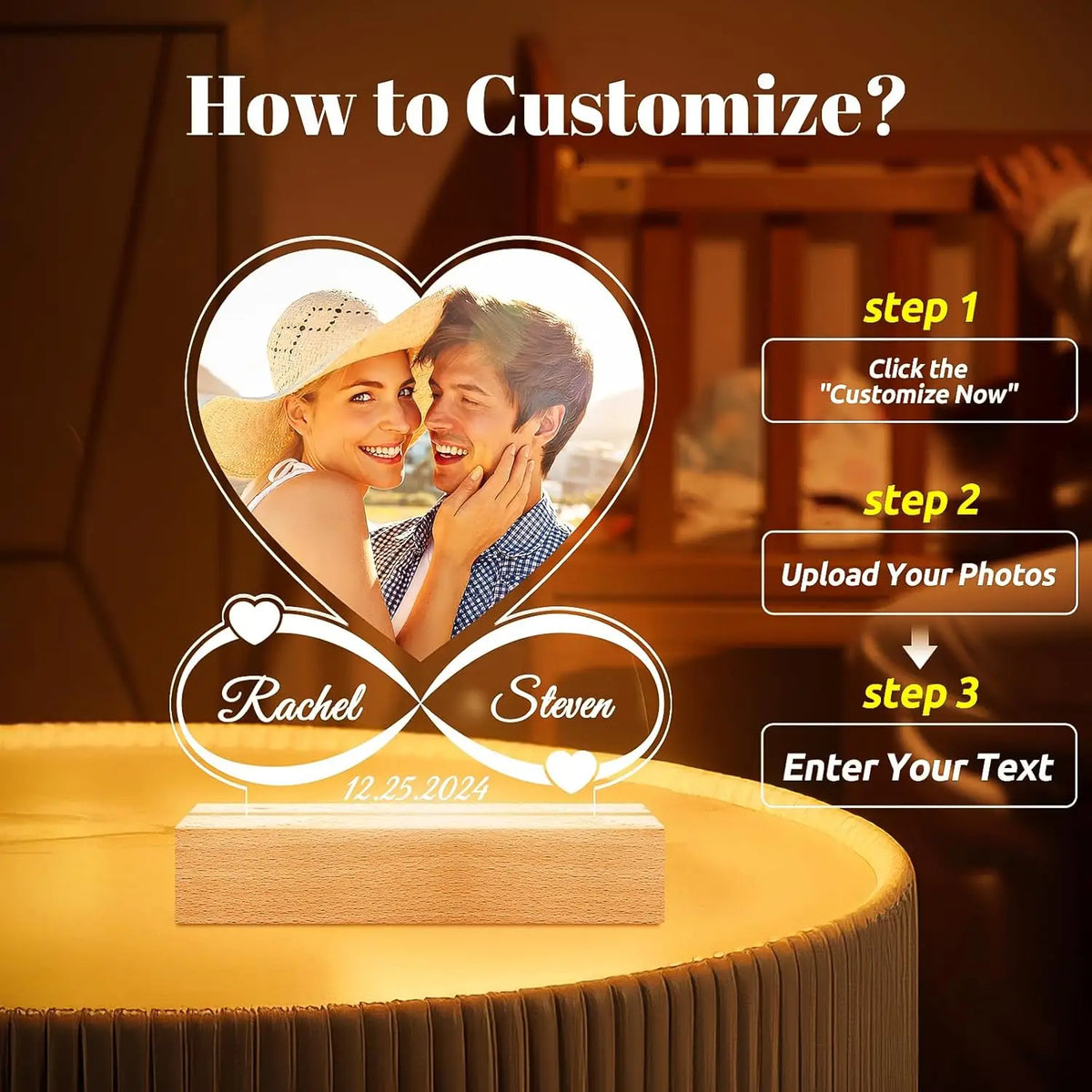 A guide showing three steps to customize a photo frame featuring a couple, Rachel and Steven.