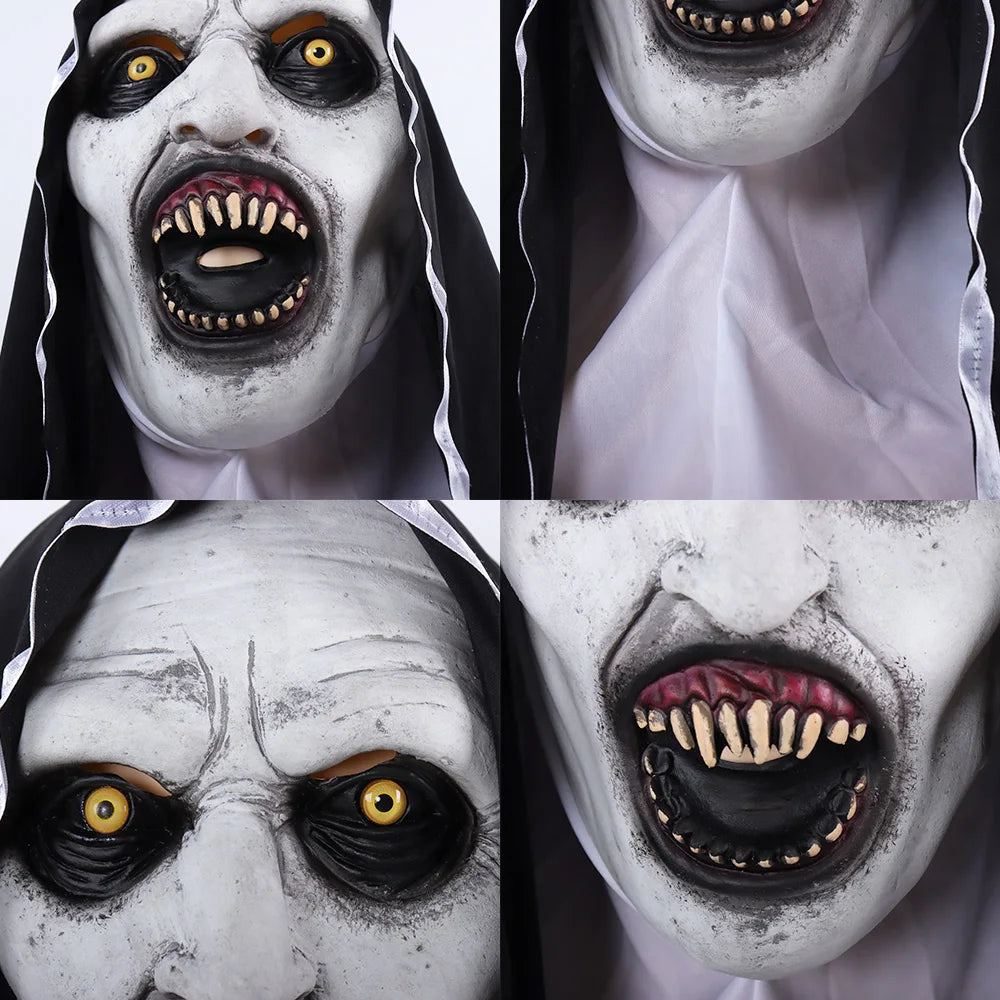 Close-up of a realistic horror nun latex mask with pale white skin, exaggerated features, and dark makeup.