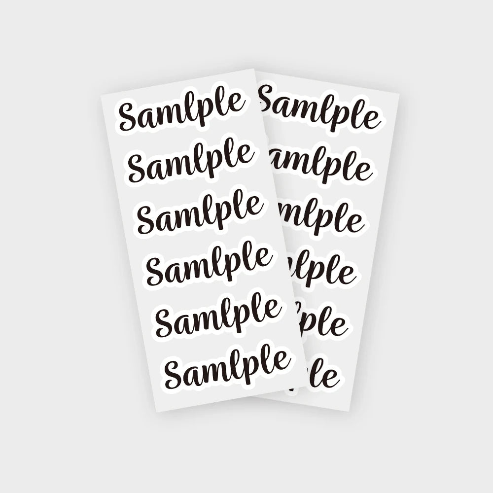 A sheet of white paper with repeated examples of the word sample written in black script.