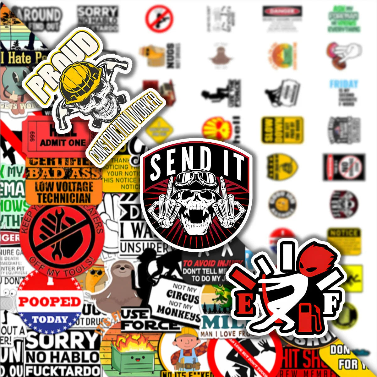 A collection of funny hard hat stickers featuring various text and graphics for work and tool boxes.