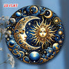 A round metal wall sign featuring a golden sun and crescent moon against a deep blue starry background.