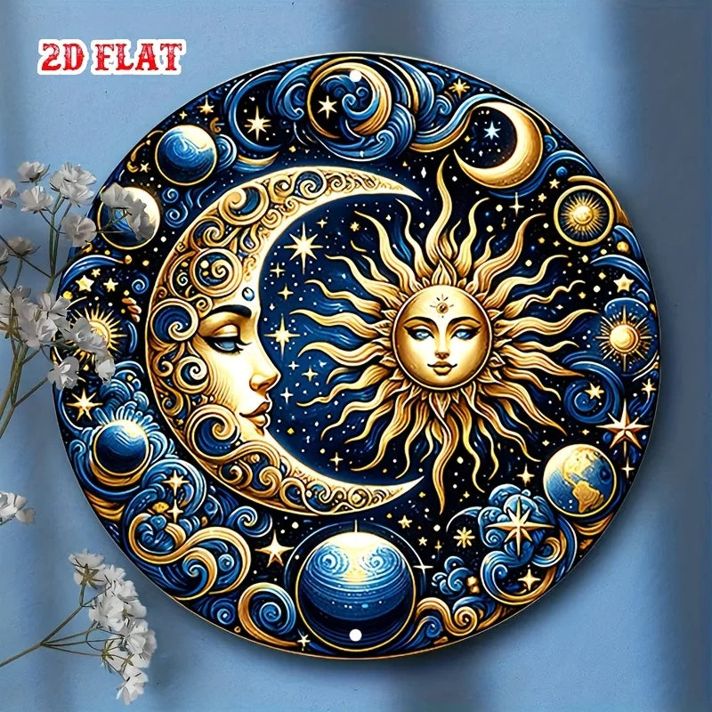 A round metal wall sign featuring a golden sun and crescent moon against a deep blue starry background.