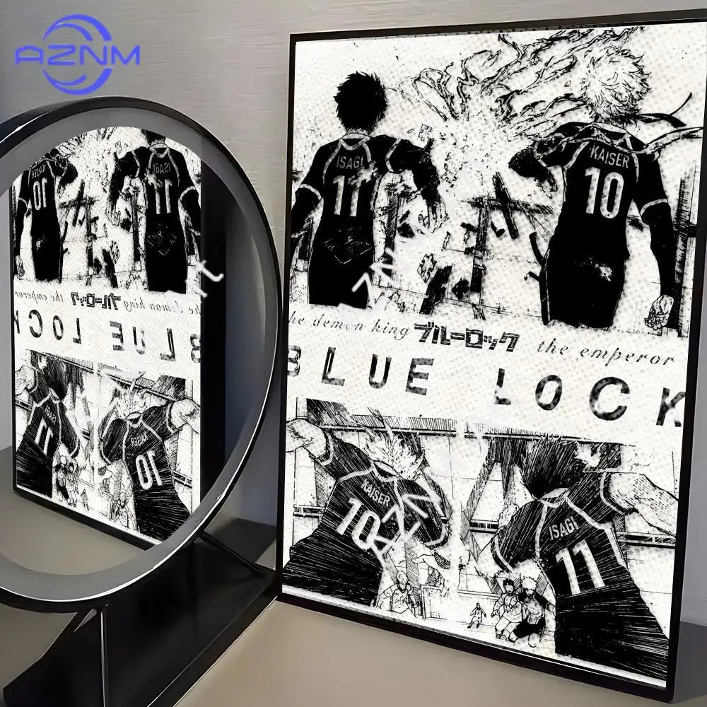 A canvas print featuring black and white artwork of characters from Blue Lock anime.
