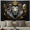 Regal Lion Crown Tapestry Wall Hanging — Vintage Black & Gold Decor