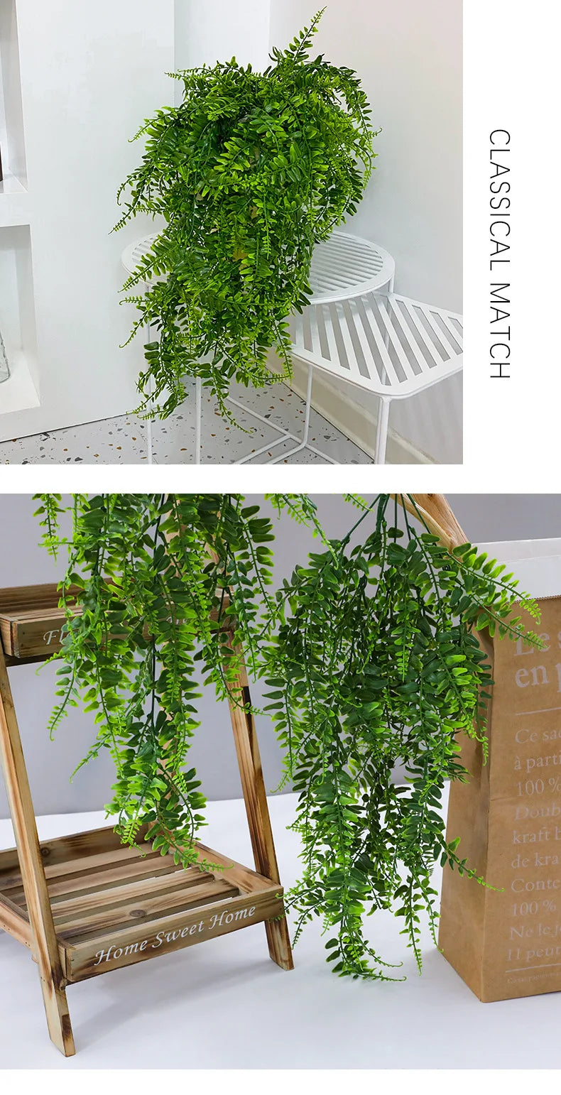 A lush green artificial ivy vine garland displayed in two styles: a top potted arrangement and hanging from a wooden stand.
