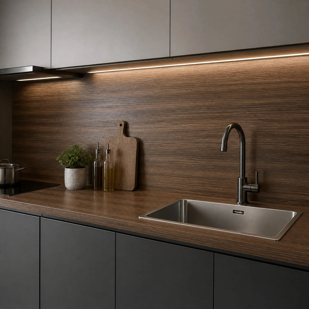 A modern kitchen countertop featuring a stainless steel sink and faucet against dark wood grain cabinetry.