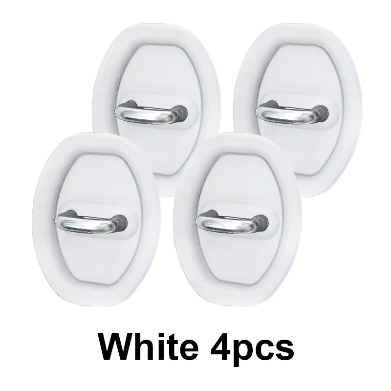 Four white silicone car door lock protectors with metal bumpers