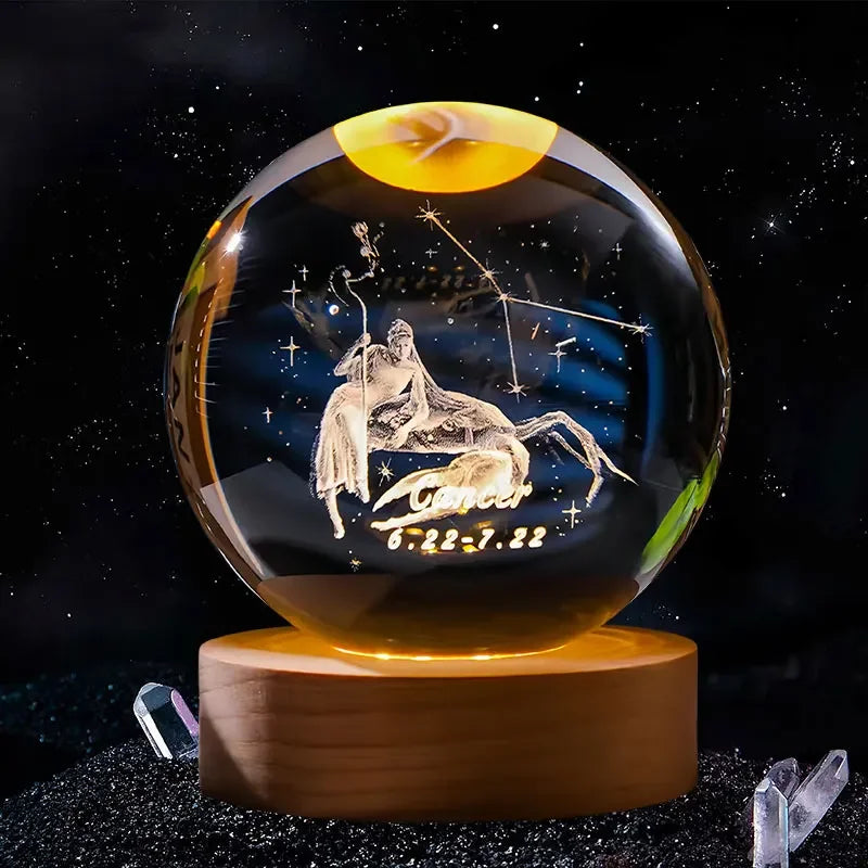 A spherical crystal ball decoration with a dark background showing a silhouette of a lion and the zodiac sign Cancer