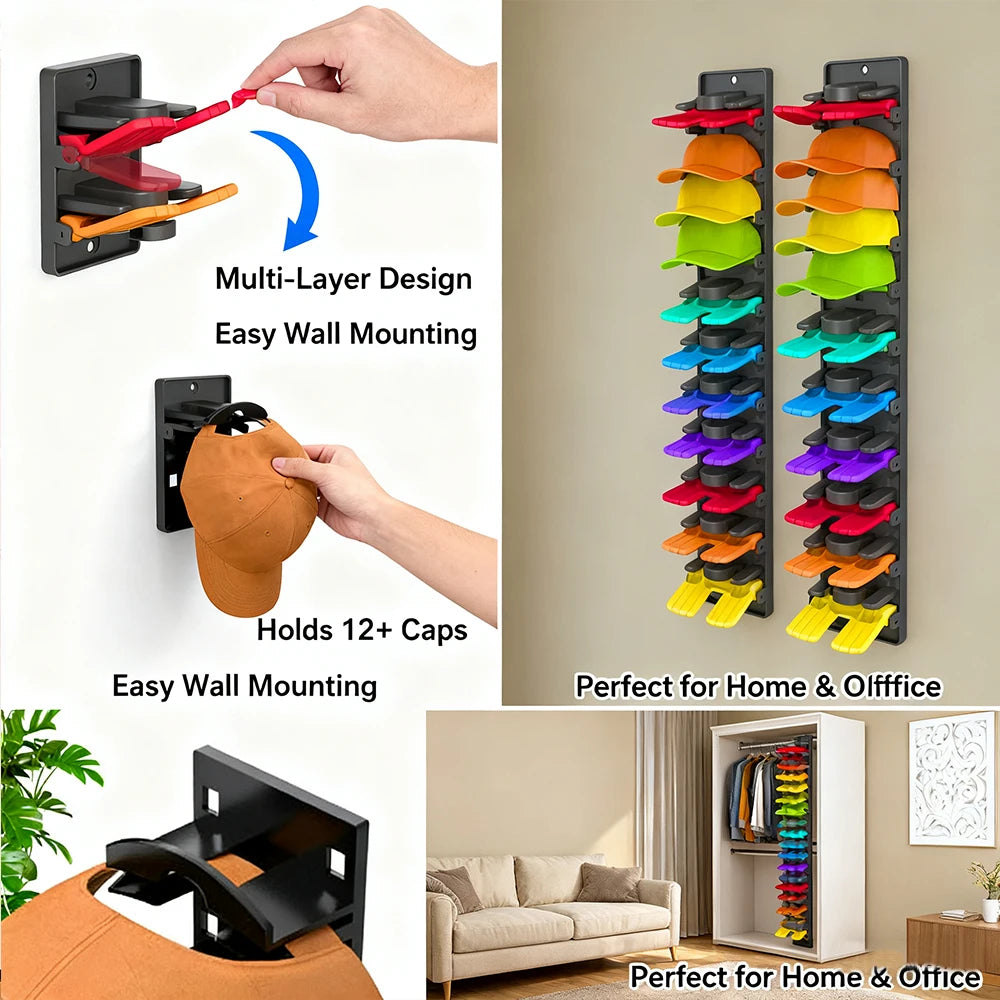 Wall-mounted hat organizer rack showing multi-layer design and easy mounting options for home or office use