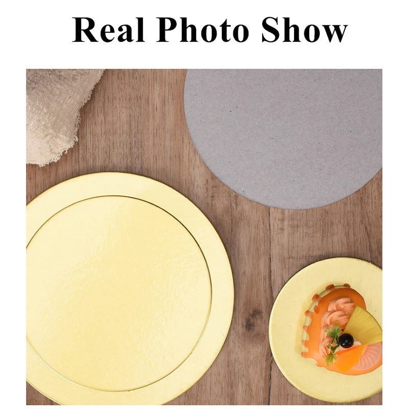 A round yellow cardboard cake board with a circular cutout for dessert display on a wooden surface.