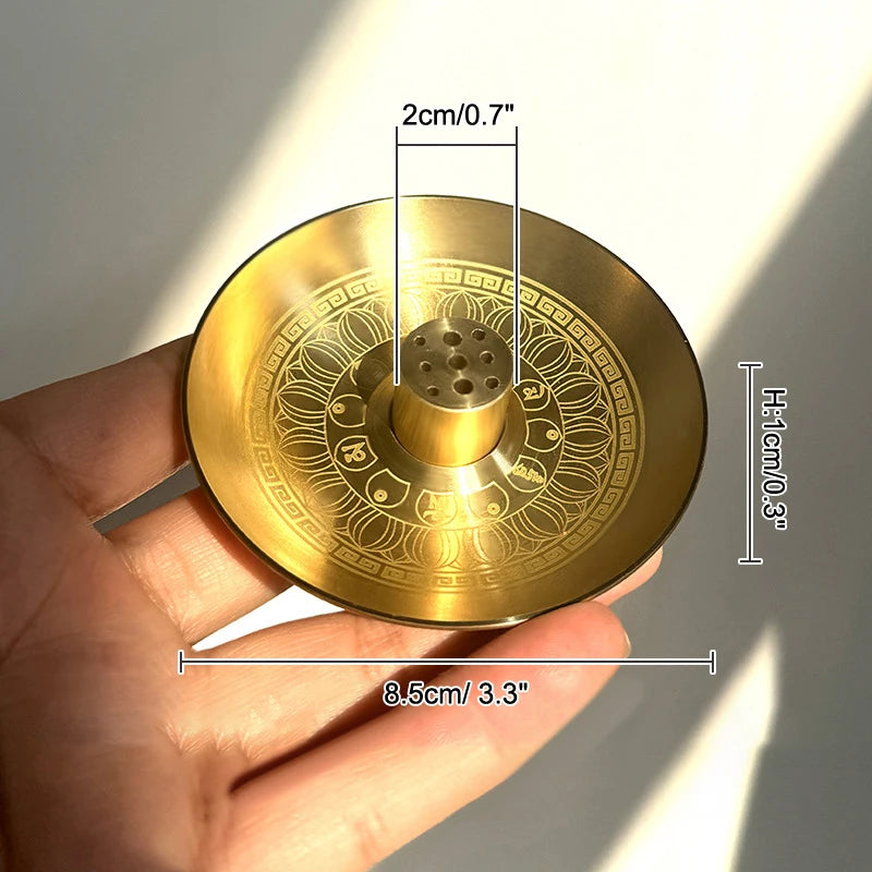 A round brass incense stick holder plate with a decorative pattern and a 2cm diameter.