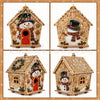 Gingerbread house diamond painting ornament kit featuring a festive winter scene with a snowman and a red door