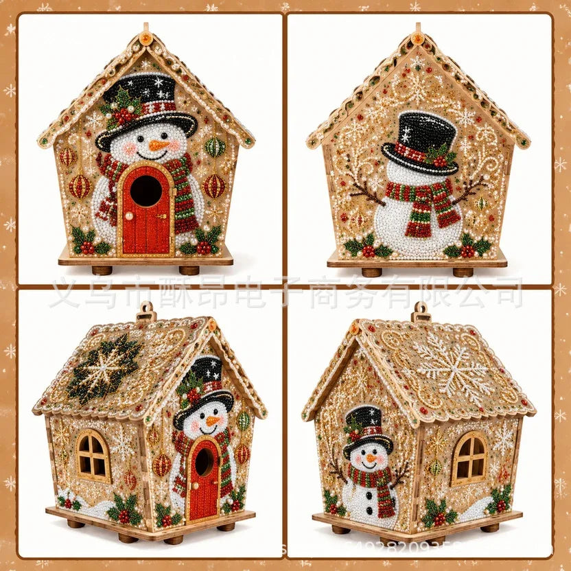 Gingerbread house diamond painting ornament kit featuring a festive winter scene with a snowman and a red door