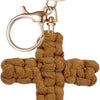 Bohemian woven cross keychain made of tan jute rope with a gold-toned metal ring.