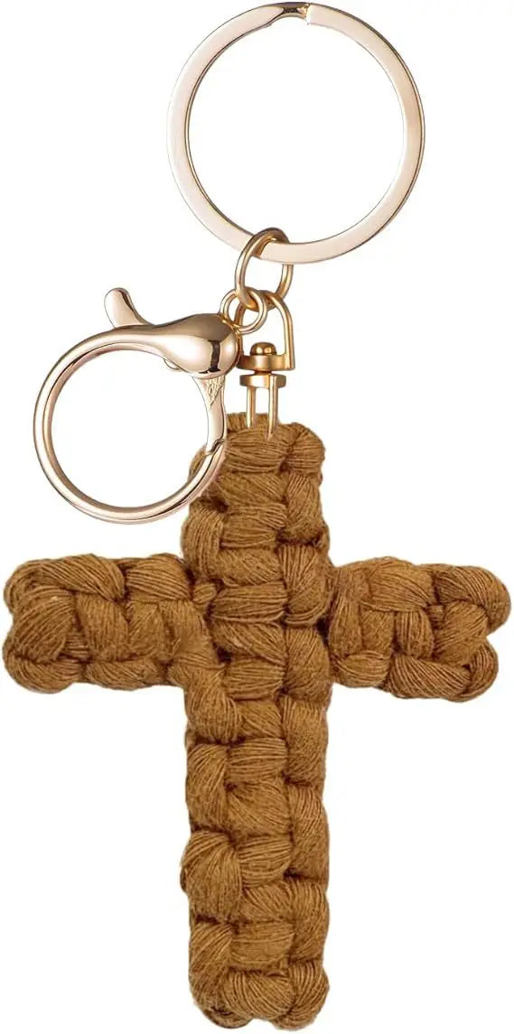 Bohemian woven cross keychain made of tan jute rope with a gold-toned metal ring.
