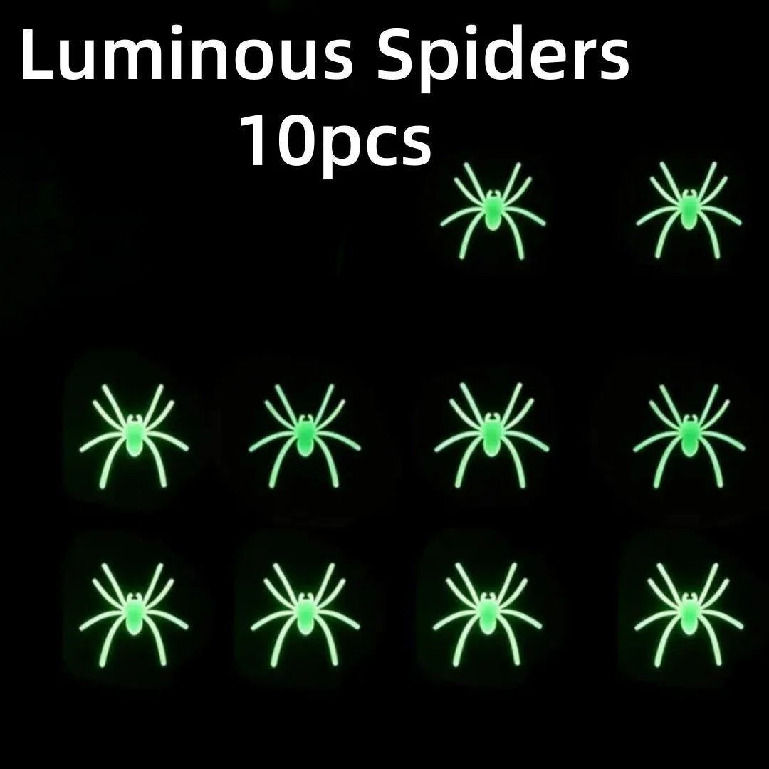 A collection of ten glow-in-the-dark spiders for Halloween decor.