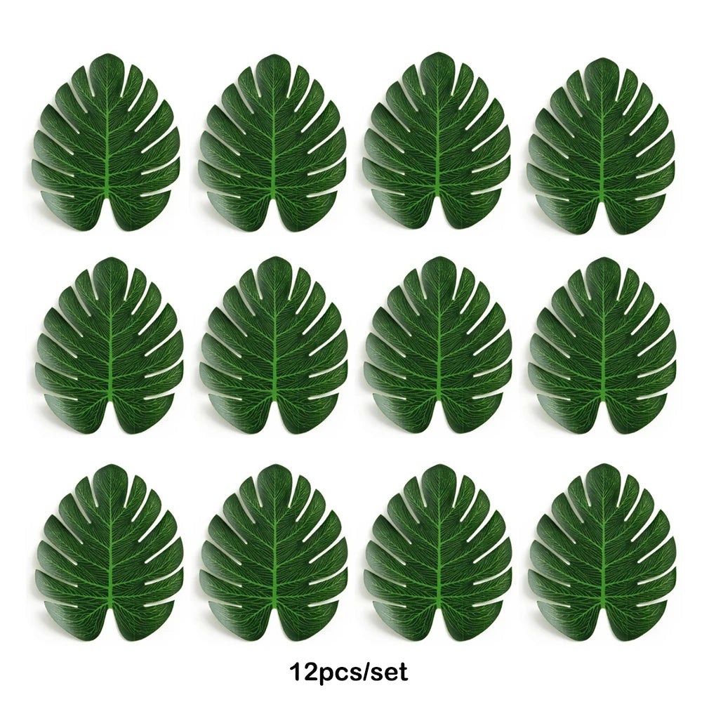 Twelve artificial tropical palm leaves in various shades of green arranged in a grid.