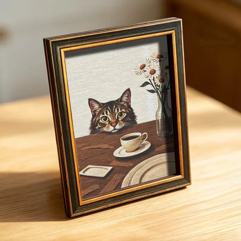 A framed photograph of a tabby cat looking out, set in a rustic wooden scene with teacups and flowers.
