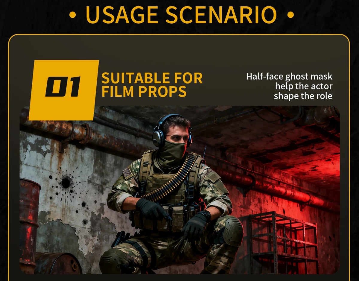 A person wearing a tactical silicone half-face mask and military-style gear is shown in a dark, industrial setting.
