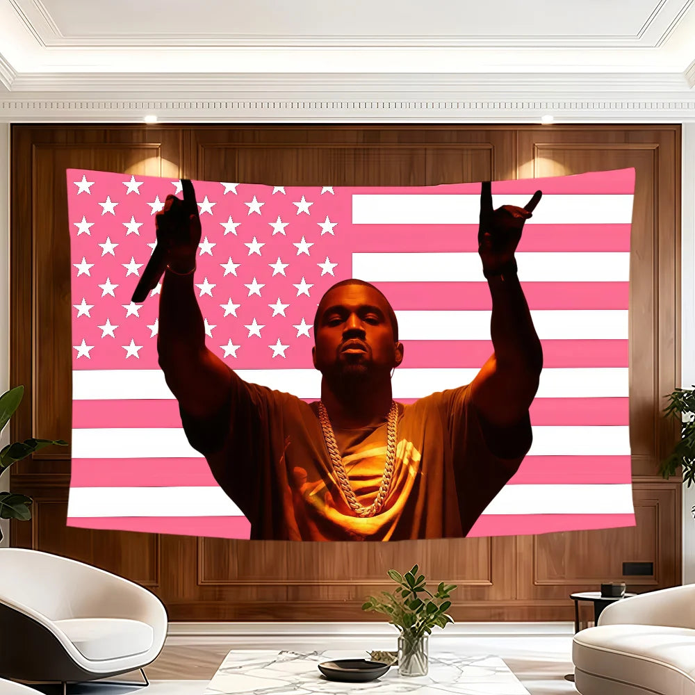 A banner featuring a pink and white American flag design with Kanye West's silhouette.