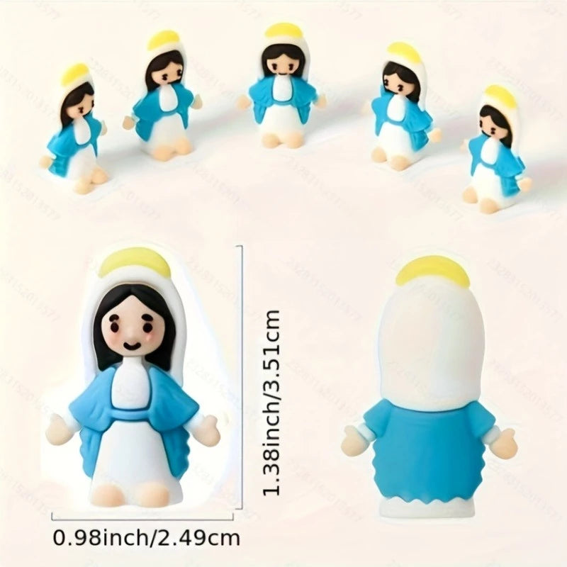 A set of multicolor mini Virgin Mary statues in various poses and sizes for religious decor.