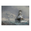 A battleship sails through misty, dark water with seagulls flying around it against a gray sky.