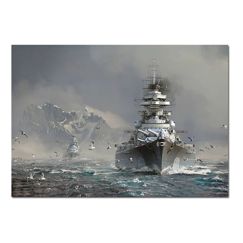 A battleship sails through misty, dark water with seagulls flying around it against a gray sky.