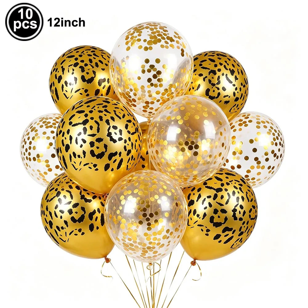 A set of ten 12-inch leopard print gold and clear foil balloons for party decorations.