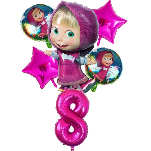 A set of pink and green balloons, plates, and cups for a Masha and The Bear birthday party.