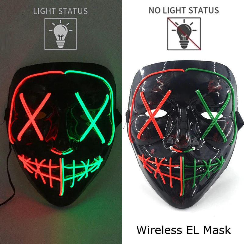 A black EL mask with neon wire details, showing both light and no light status options.