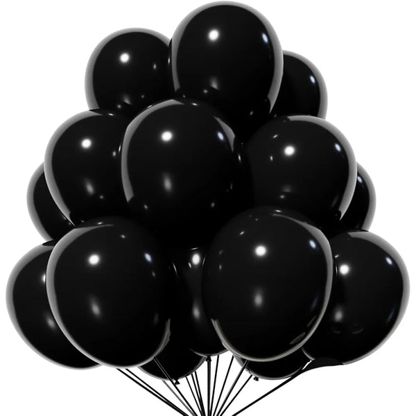A bunch of black latex balloons clustered together.