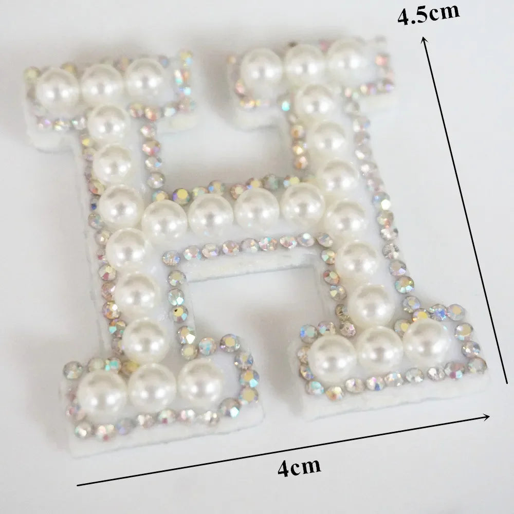 White pearl and rhinestone alphabet letter patch for clothing