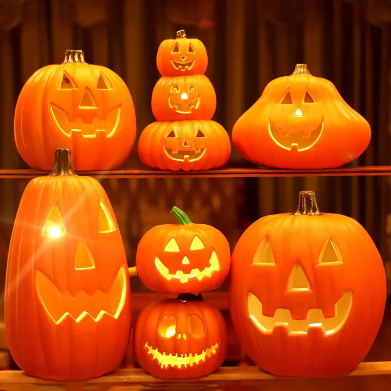 A collection of glowing orange Halloween pumpkins and jack-o'-lanterns displayed on wooden shelves.
