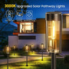 A close-up of a modern solar pathway light illuminating a garden path at night.
