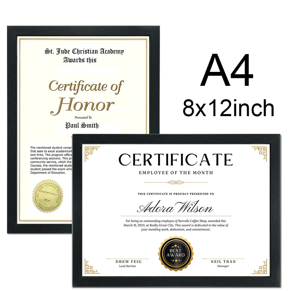 A certificate of honor and employee of the month framed in black and gold for display