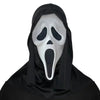 A realistic ghost face mask with a black hood and white face paint, used as a Halloween costume prop.
