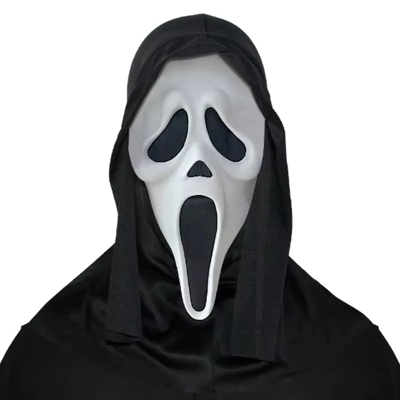 A realistic ghost face mask with a black hood and white face paint, used as a Halloween costume prop.