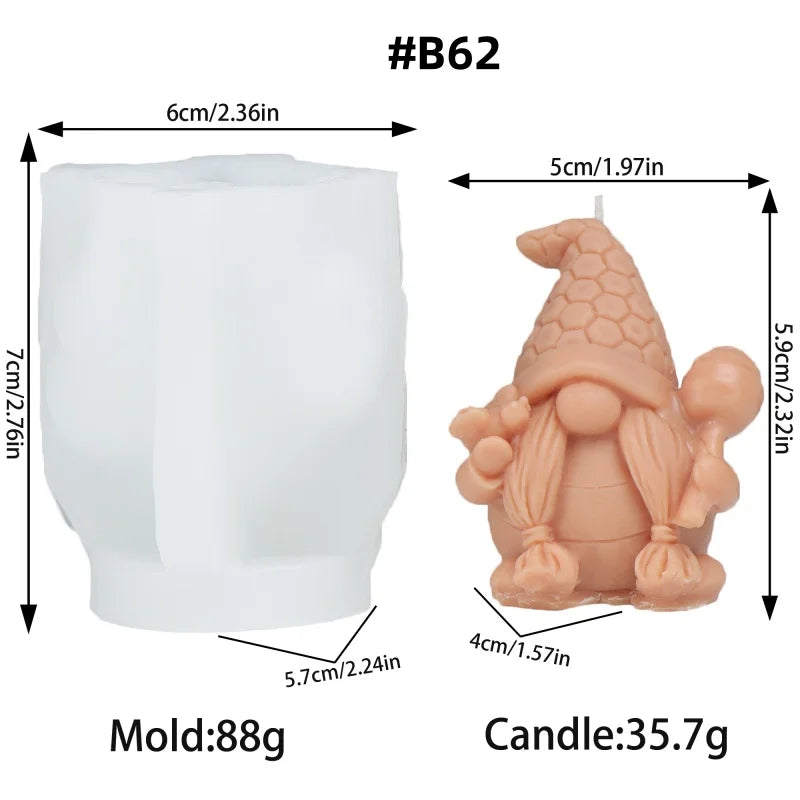 A silicone mold for a candle shaped like a gnome with a honeycomb hat design.